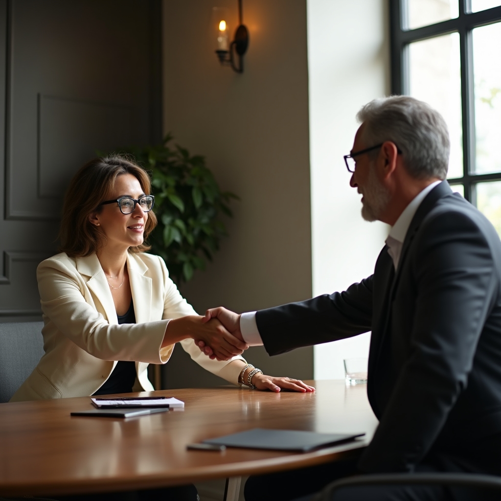Two professionals at a conference table, one extending hand for handshake, natural light from side window, business formal attire