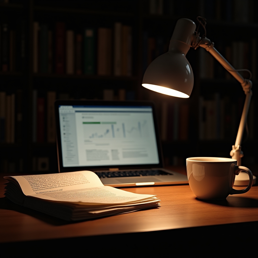 Stack of academic papers and open laptop on a clean desk, warm side lighting, shallow depth of field