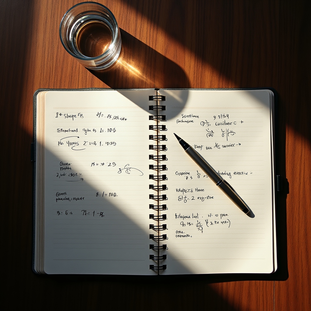 Open notebook with pricing calculations and a pen, photographed from above on dark wood desk
